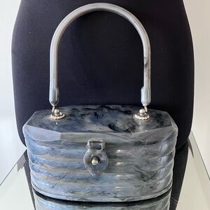 VTG 1950’s Grey Marbleized Lucite Box Bag Structurally Sound Rhinestone Detail